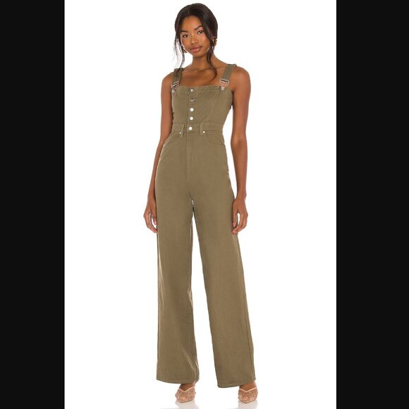We Wore What Linen Bustier Jumpsuit Size 4 Olive Green Denim Overall High Rise - Picture 1 of 15